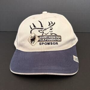 Rocky Mountain Elk Foundation Sponsor Vintage Strap Back RMEF Hat Navy‎ & Tan